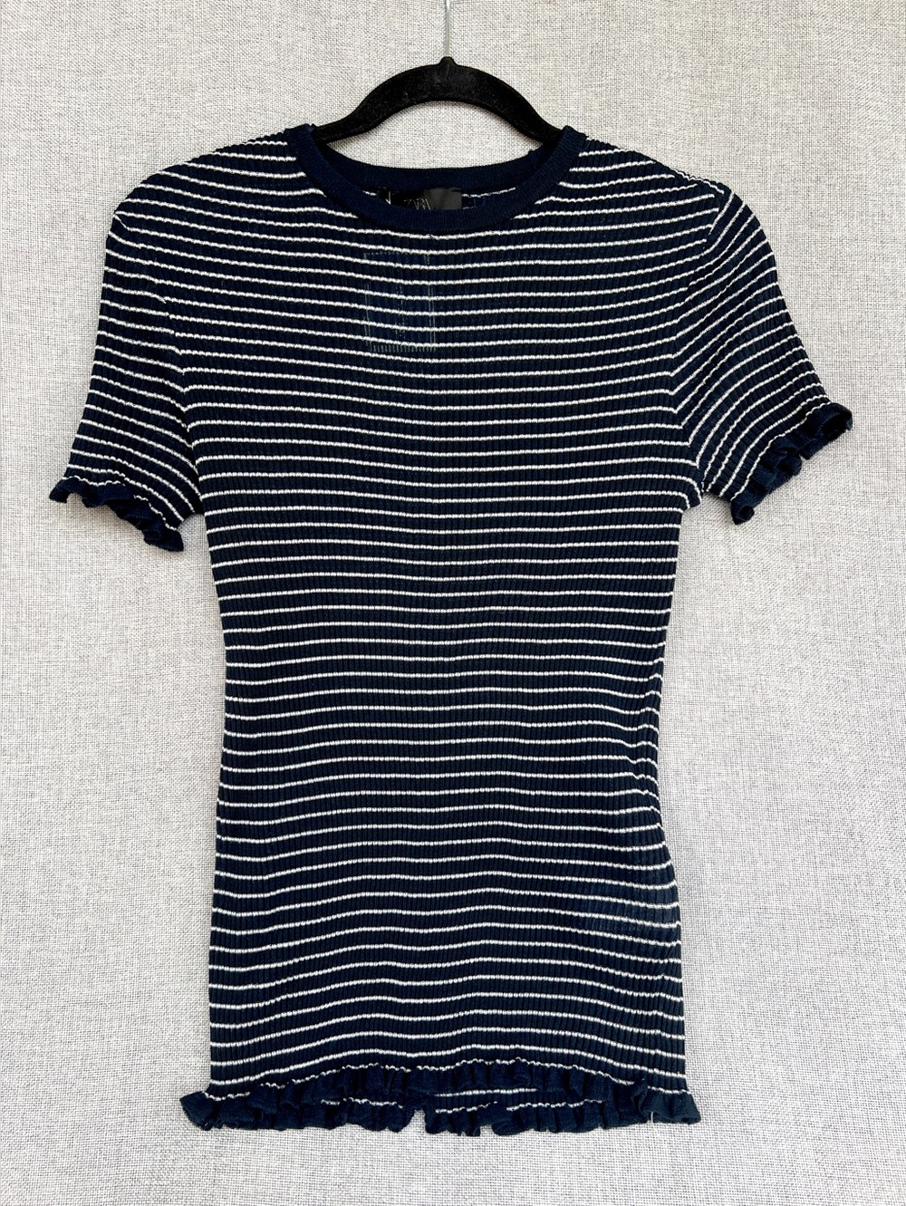 ZARA Ribbed short sleeve body hugging top striped white very dark blue